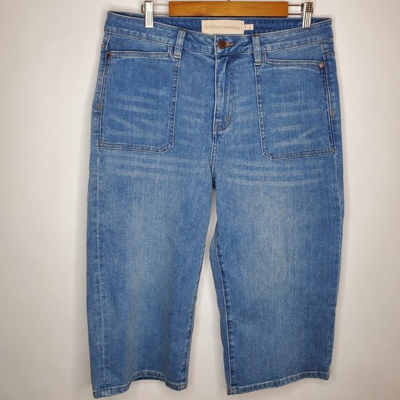 Soft Surroundings Denim - Soft Surroundings Womens Wide Leg Crop Pants Size 14 Petite Whiskered Blue Denim